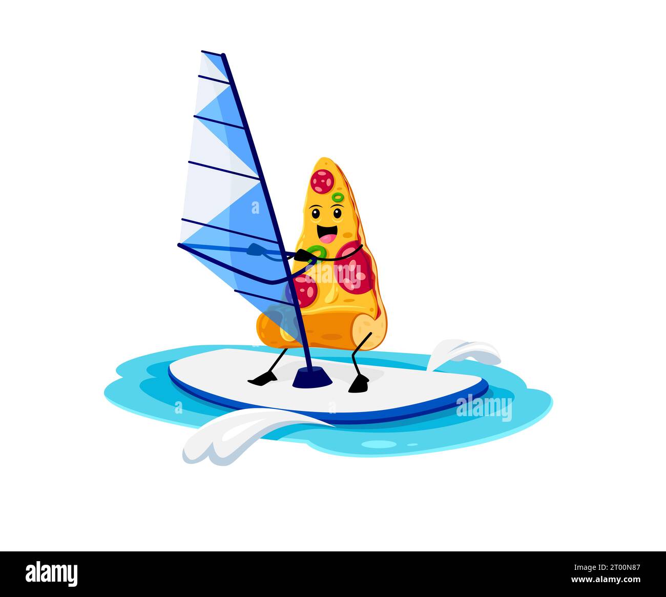 Cartoon Fast Food Pizza Charakter auf Windsurf. Straßenrestaurant Gericht netter Charakter, zum Mitnehmen Café oder Pizzeria Mahlzeit oder Fast Food Menü Pizza Stück lustige Vektorfigur mit Windsurfen im Urlaub Stock Vektor