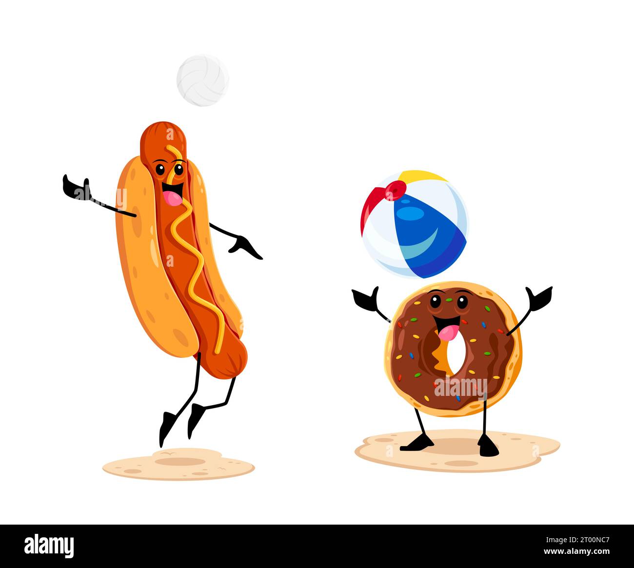 Cartoon Fast Food Hot Dog und Donut spielen am Sommerstrand mit Ball. Zum Mitnehmen Restaurant Gericht glücklicher Charakter, Fast Food Café Mahlzeit lustige Vektor Maskottchen oder Persönlichkeiten, die Spaß im Urlaub haben Stock Vektor