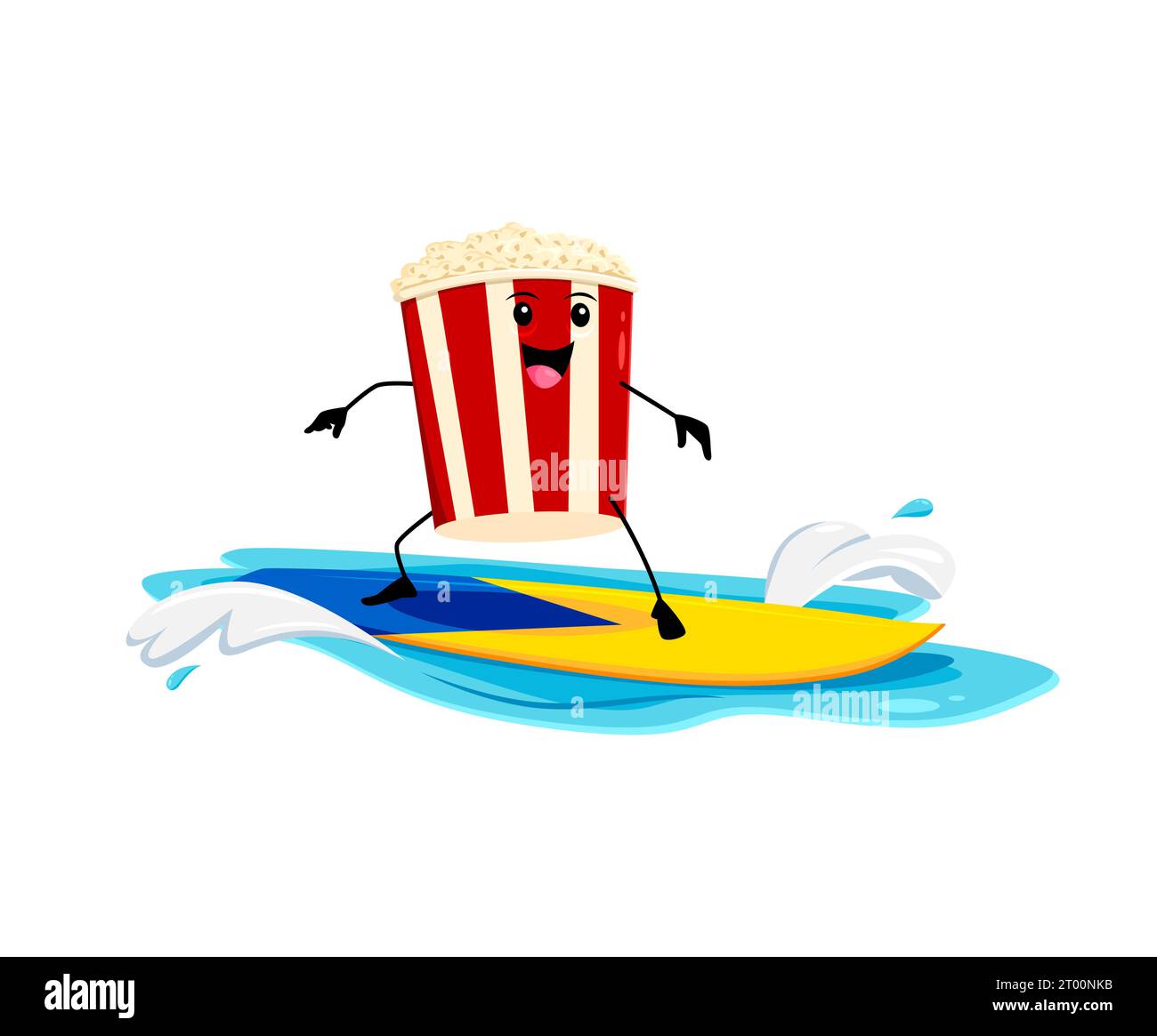 Cartoon Fast Food Popcorn Eimer Surfer Charakter auf der Meereswelle. Junk Food Menü Mahlzeit netter Charakter, Fast Food Café Snack fröhliche isolierte Vektorfigur oder Popcorn kindish Maskottchen auf Surfbrett Stock Vektor