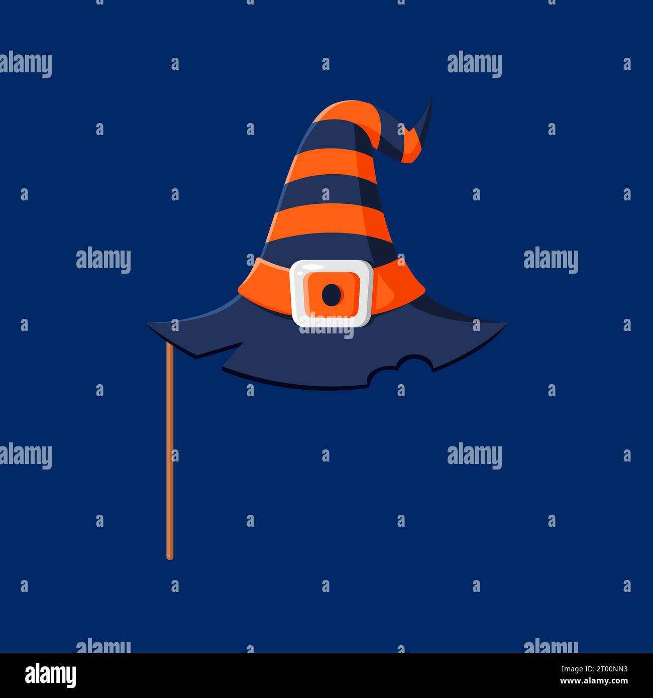 Cartoon Halloween Hexenhut Fotokabine Maske und Requisiten. Isoliertes, skurriles Accessoire für Vektoren, gestreifte Zaubermütze mit breiter Krempe und Schnalle, perfekt für lustige und gruselige Momente in festlichen Nächten Stock Vektor