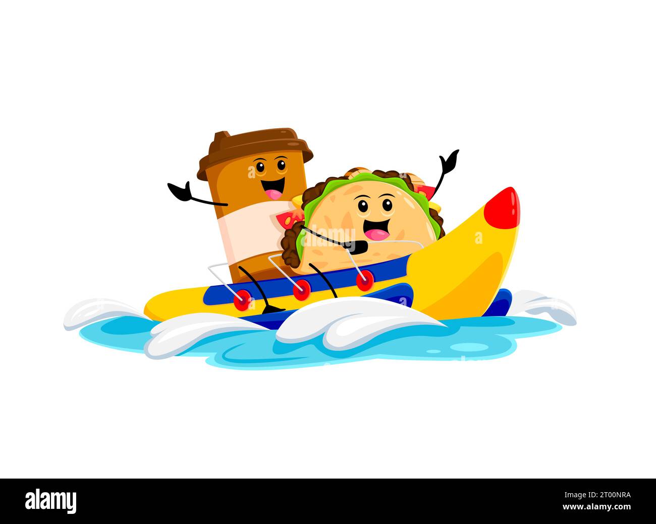 Cartoon-Fastfood-Kaffee und Tacos-Figuren auf einem aufblasbaren Bananenboot. Straßenmenü Cafe Gerichte fröhliche Persönlichkeit, Fast Food Restaurant Mahlzeiten nette Vektorfiguren oder Maskottchen im Sommerurlaub Stock Vektor