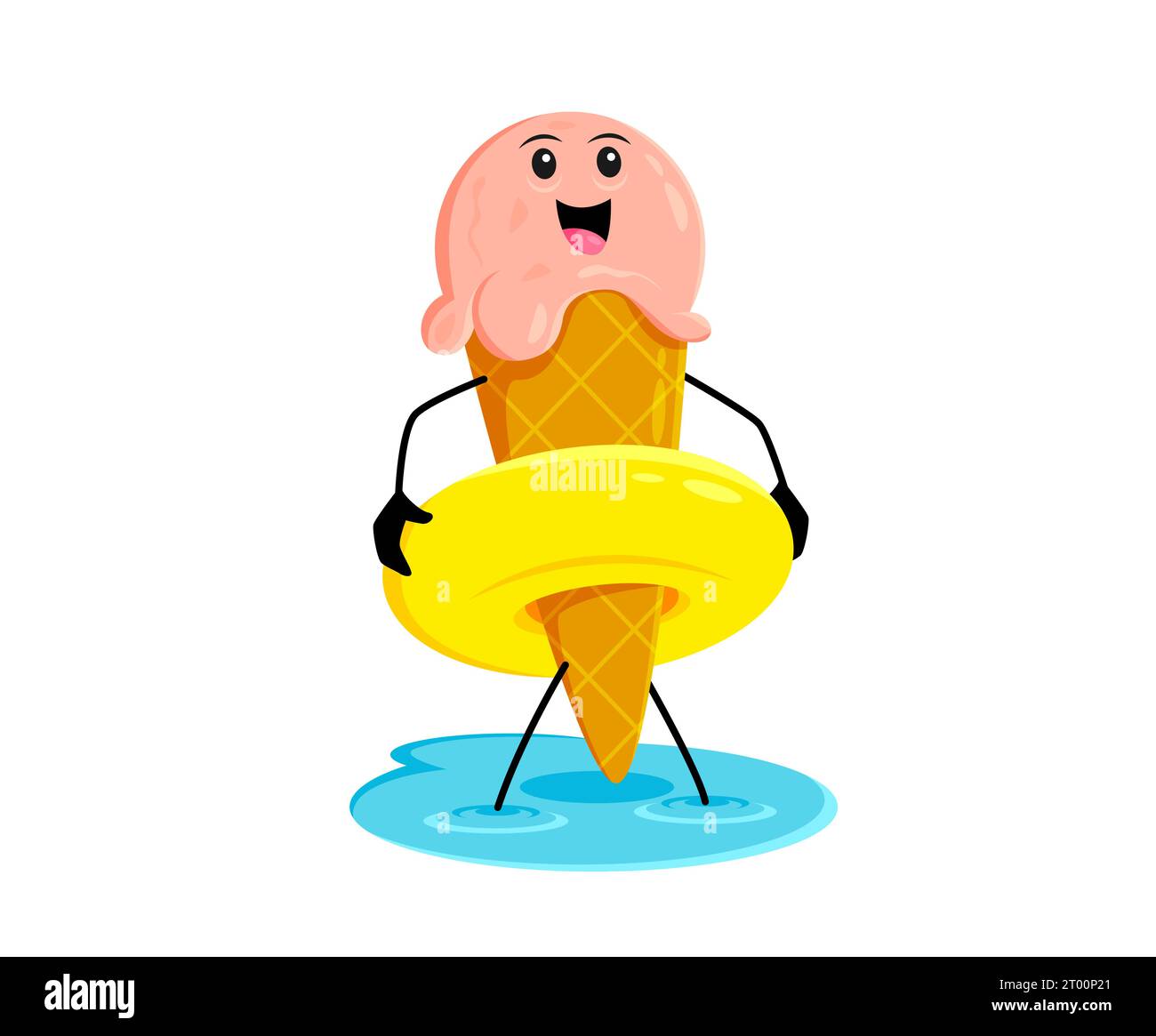 Cartoon-Fastfood-Eiscreme-Charakter mit Schwimmring. Fastfood Restaurant gefrorenes Dessert fröhlicher Charakter, Take-away-Café süße Mahlzeit kindliche Vektor-Persönlichkeit oder Eis lustiges Maskottchen im Urlaub Stock Vektor