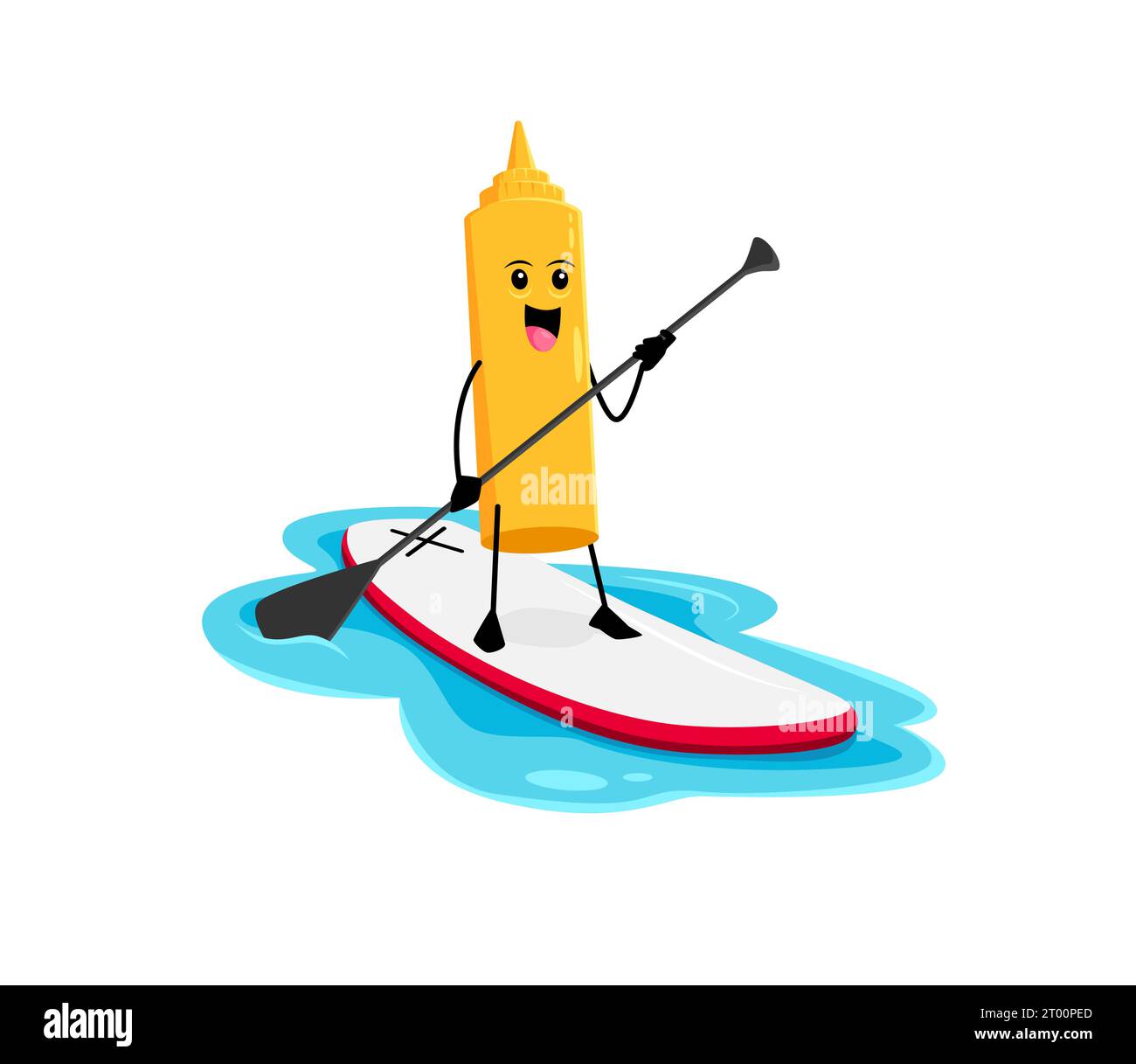 Cartoon Fast Food Senf Flaschenfigur auf SUP Board. Fastfood-Menü-Soße nettes Maskottchen, Essen zum Mitnehmen im Restaurant oder Junk Café Senf fröhlich Vektor Persönlichkeit Puddle Surfen im Sommerurlaub Stock Vektor