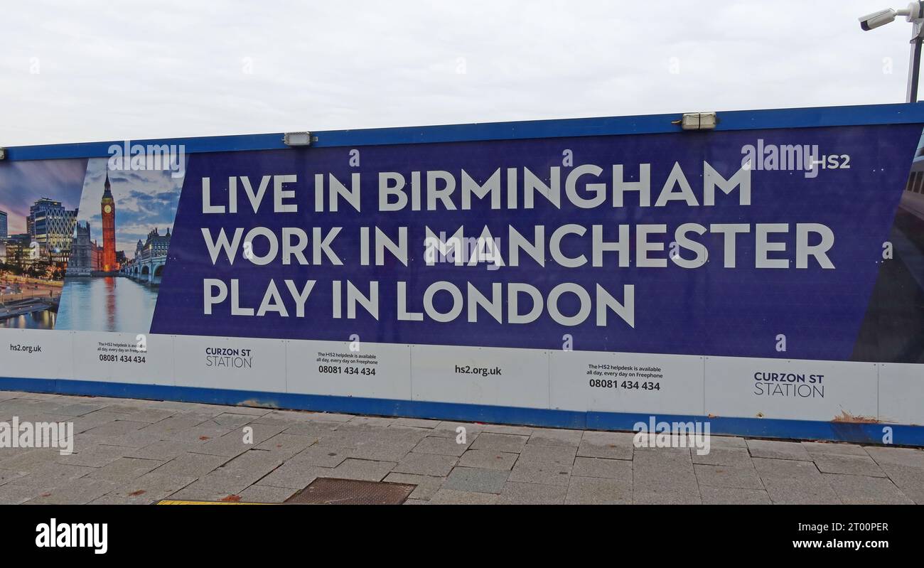HS2 High Speed Two Live in Birmingham, Arbeit in Manchester, Spiel in London, Central Birmingham, West Midlands, ENGLAND, UK, B4 7XG Stockfoto