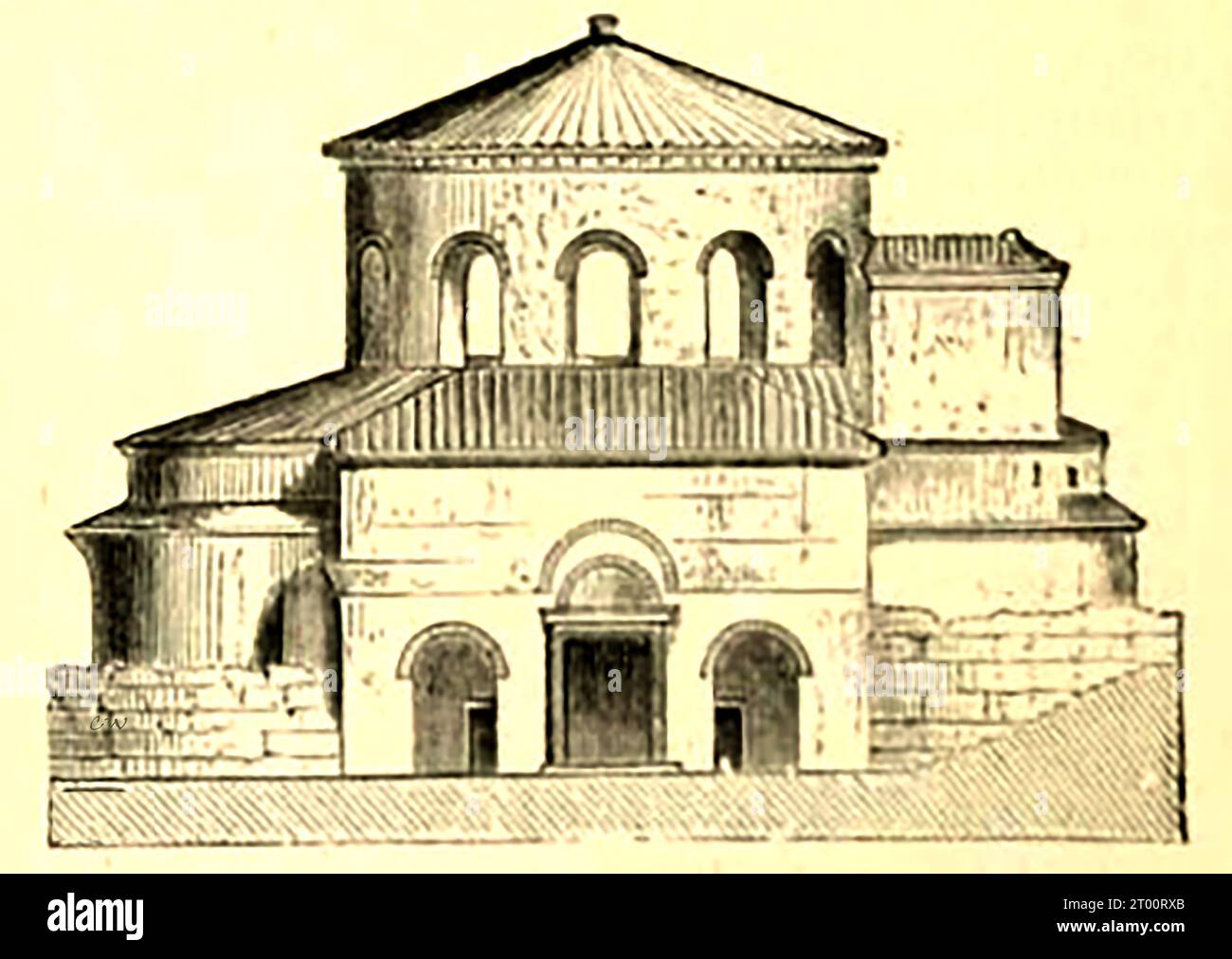 Ein Stich aus dem 19 Jahrhundert zeigt das Lateranbaufaptisterium in Rom - UN'incisione del XIX secolo che mostra il Battistero Lateranense a Roma - Stockfoto