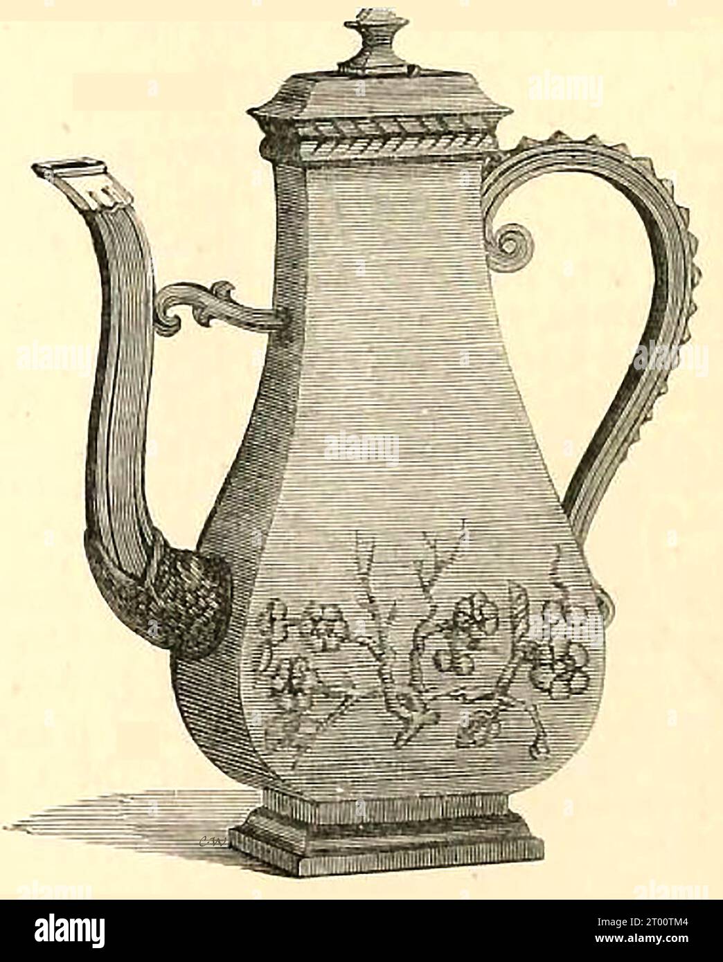 Ein Stich aus dem 19. Jahrhundert mit einem Beispiel einer Bottcher Ware Kaffeekanne - ein Stich aus dem 19. Jahrhundert, der ein Beispiel einer Bottcher Ware-Kaffeekanne zeigt – Stockfoto
