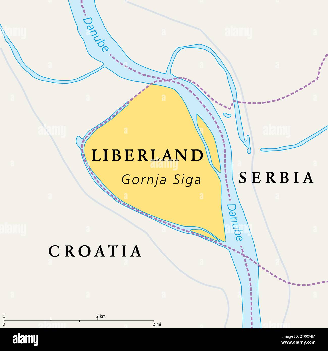 Freie Republik Liberland, politische Karte. Unerkannte Mikronation in Europa, die unbewohnte Parzelle umstrittenen Landes zwischen Kroatien und Serbien beansprucht. Stockfoto