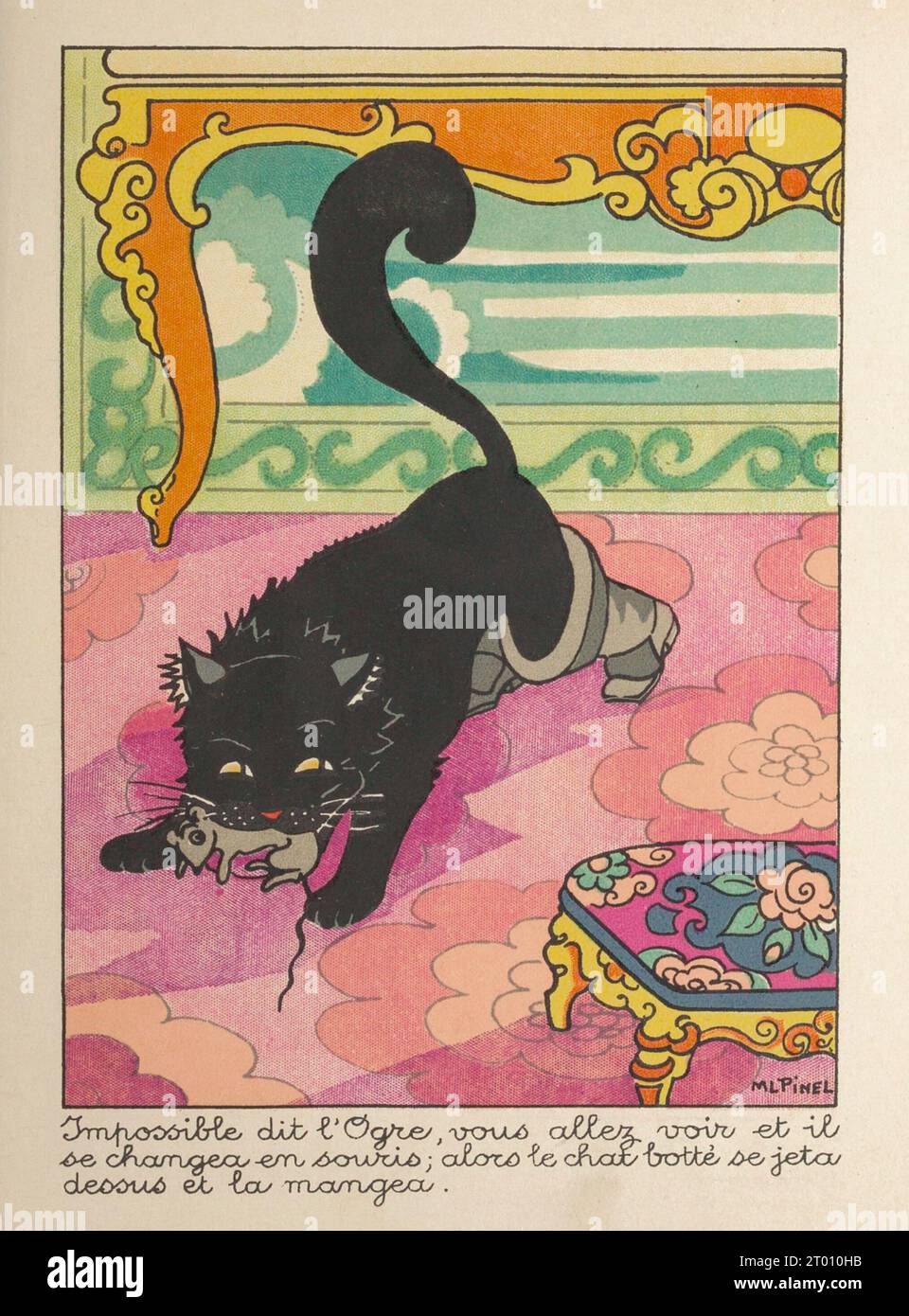 Der Oger verwandelt sich in eine Maus und wird sofort von der Katze gefangen. Illustration im Buch Le Chat botté von Marie-Louise Pinel, veröffentlicht 1890 von Bourgeois Ainé. Stockfoto