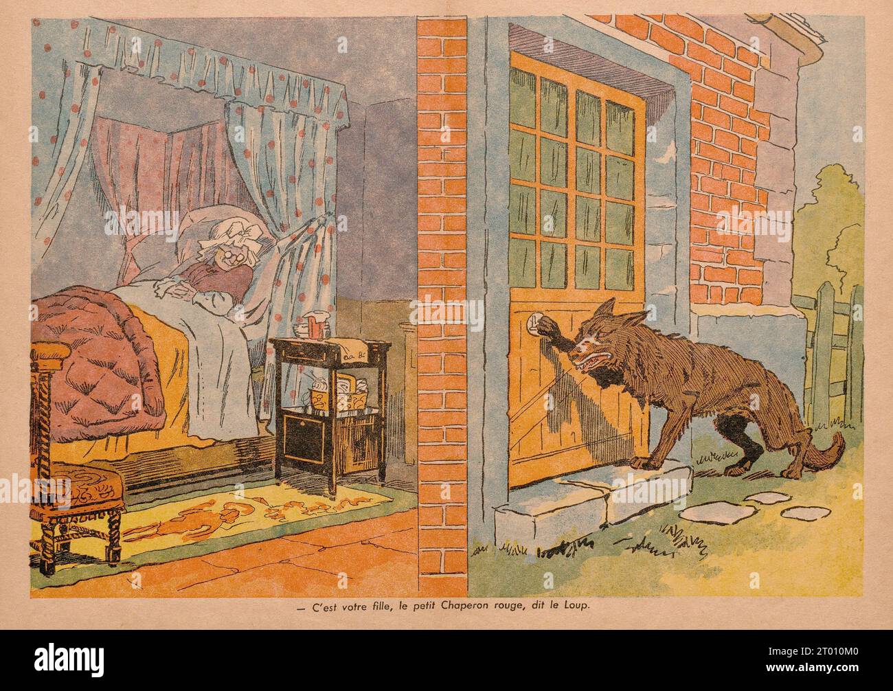Rotkäppchen „Ihr Enkelkind, Rotkäppchen“ antwortete auf die Illustration des Wolfs, veröffentlicht in „Les contes de Perrault“, von Charles Perrault, illustriert von A. Robida, E. Tap, R. Candide und veröffentlicht von Imagerie merveilleuse de l'enfance (Paris), 1941. Stockfoto