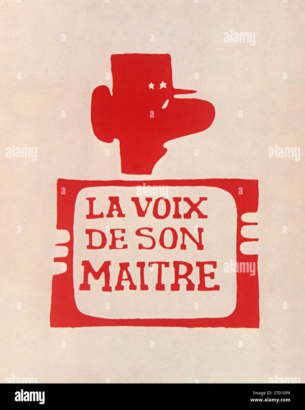 Protestplakat „La Voix de Son maître“ („die Stimme ihres Meisters“), das während der Ereignisse vom Mai 68 veröffentlicht wurde und die Kontrolle des Staates (vertreten durch General de Gaulle) über das französische Fernsehen (O.R.T.F.) anprangert. Comité des Ecoles d'Art, 1968 Stockfoto