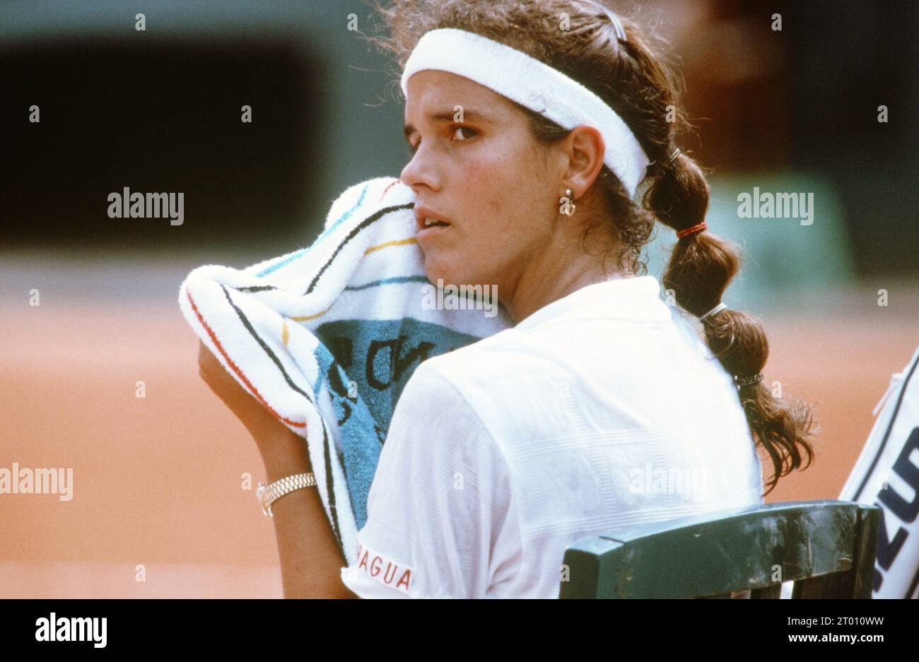 Die US-amerikanische Tennisspielerin Mary Joe Fernandez nahm an einem Einzelspiel der Frauen bei den French Open Teil. Paris, Mai 1989 Stockfoto