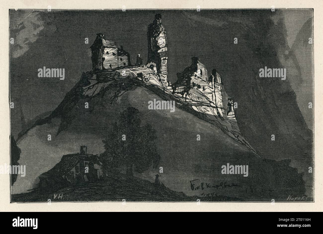 JULI 1871. V/ Falkenfels. Illustrator: Victor Hugo. Illustration aus „L’Année Terrible“ und Teil einer Reihe von Stichen, die in Victor Hugos „Oeuvres“ veröffentlicht wurden. Gefolgt von „La libération du Territoire“. 1879 erschienenes Buch in französischer Sprache von Eugène Hugues (Originalausgabe von 1872). Stockfoto
