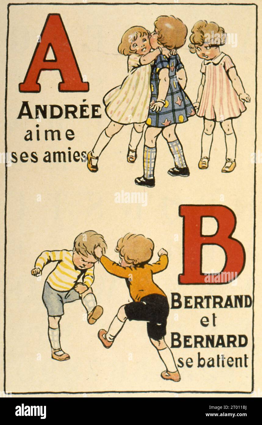 Französisches Alphabetbuch: Die Buchstaben „A“ für Andrée und „B“ für „Bertrand“ und „Bernard“ Illustration von Raymond de la Nézière, veröffentlicht 1927 in „ABC des prénoms“, von Maison Alfred Mame et Fils éditeur (Tours). Stockfoto