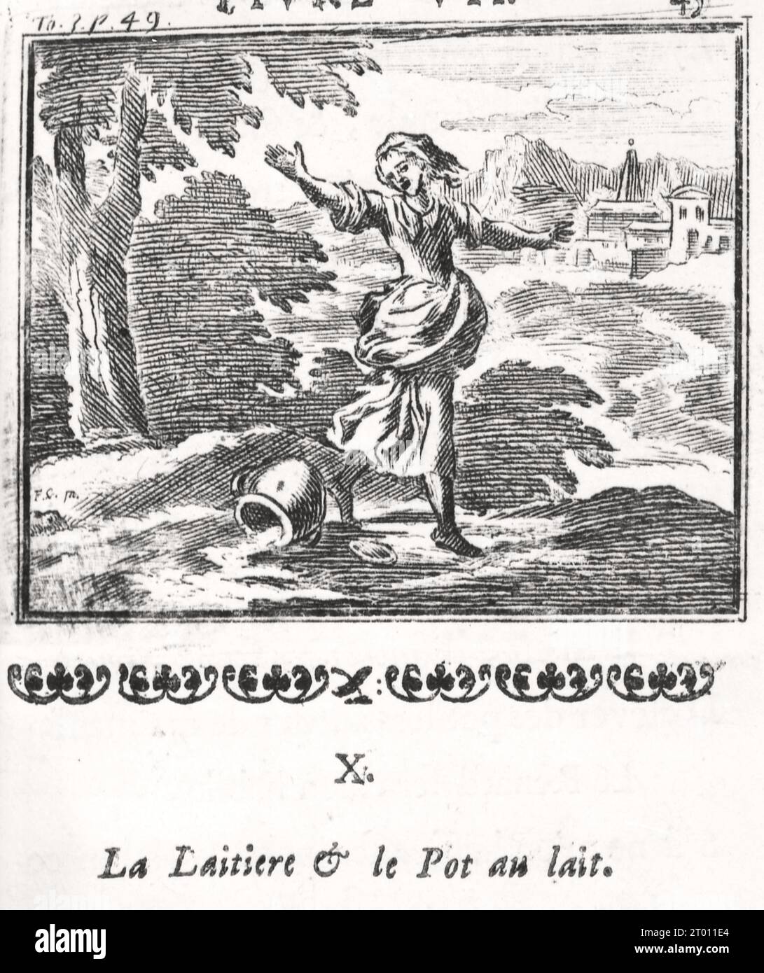 La laitière et le Pot au lait (die Milchmädchen und die Millk-bezahlte) die Fabeln von La Fontaine, illustriert von Francois Chauveau. 1668 Stockfoto