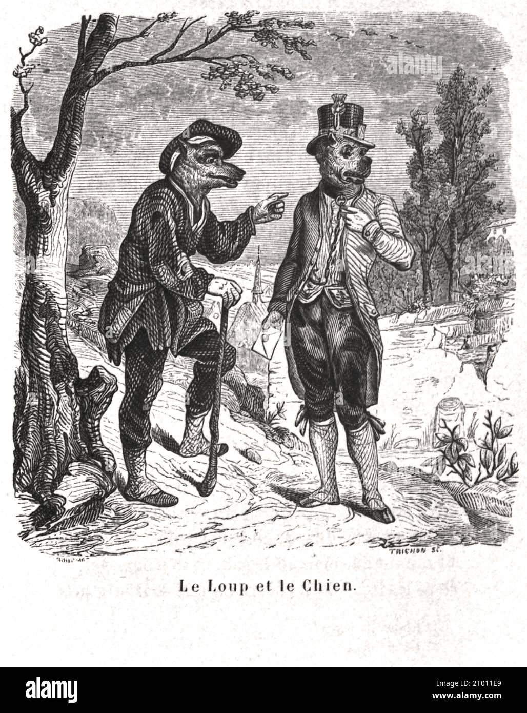 Le Loup et le Chien (der Wolf und der Hund) die Fabeln von La Fontaine, illustriert von Jean-Jacques Grandville. 19. Jahrhundert Stockfoto