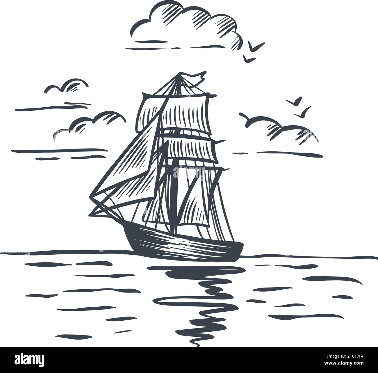 Vintage-Sketch mit Tinte. Handgraviertes Seeschiffschiff. Retro Hand Vintage-Sketch mit Tinte. Handgraviertes Seeschiffschiff. Retro Hand