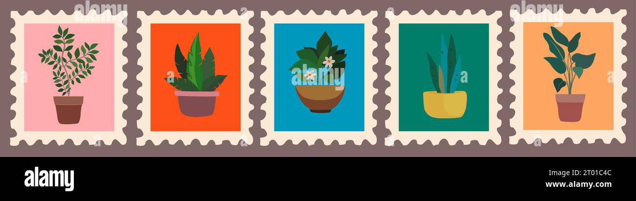 Satz handgezeichneter Briefmarken mit Hauspflanzen. Stock Vektor
