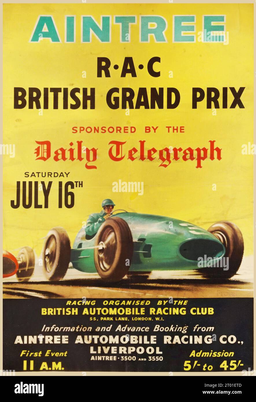 Aintree Automobile Racing Co, britischer Grand Prix, Rennposter, Liverpool R.A.C. britischer Grand Prix, British Automobile Racing Club, gesponsert vom Daily Telegraph - Großbritannien 1955 Stockfoto