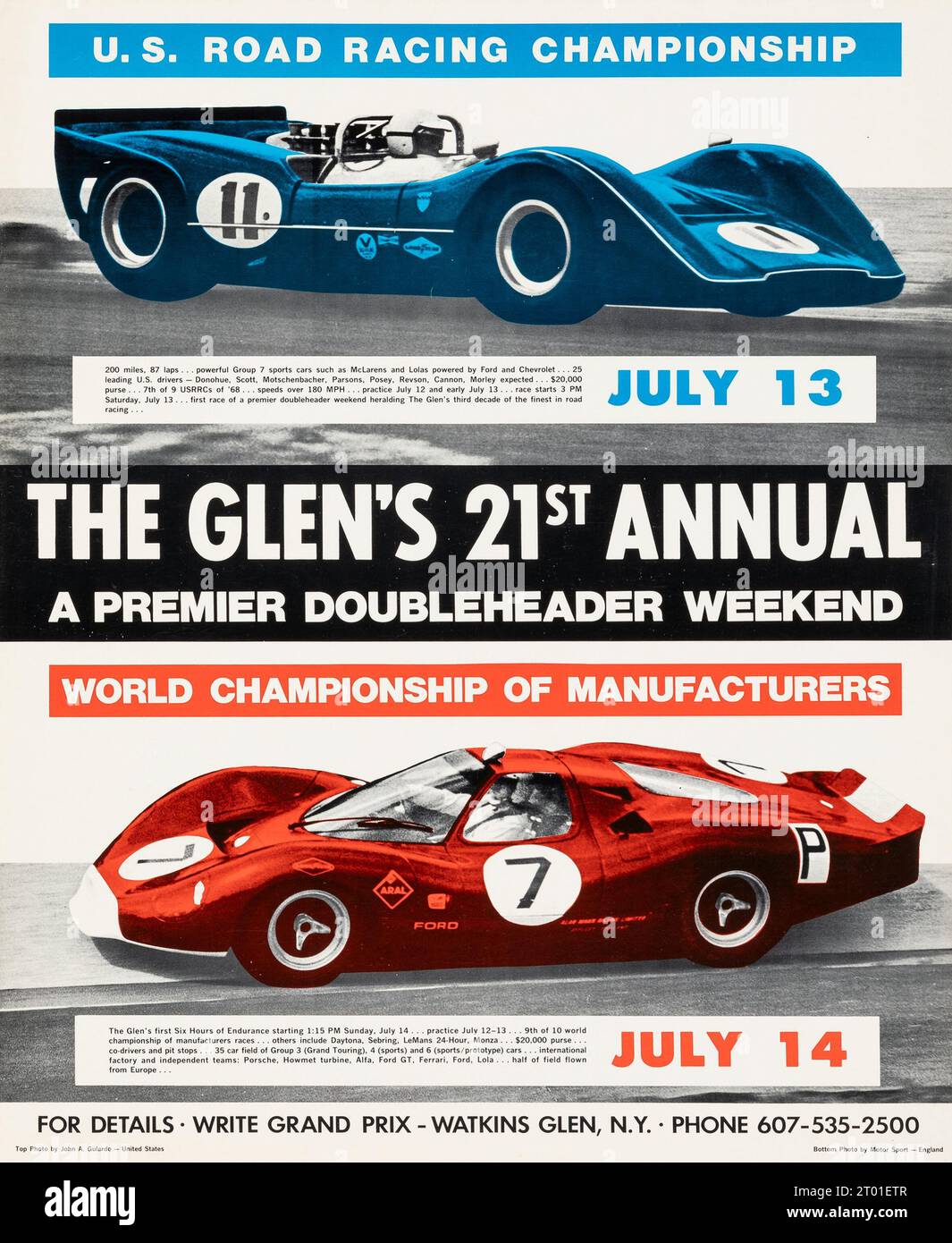 Oldtimer-Poster - The Glen's 21st Annual (1968). Poster für Rennveranstaltungen, Watkins Glen, New York - John A Gulardo Artwork Stockfoto