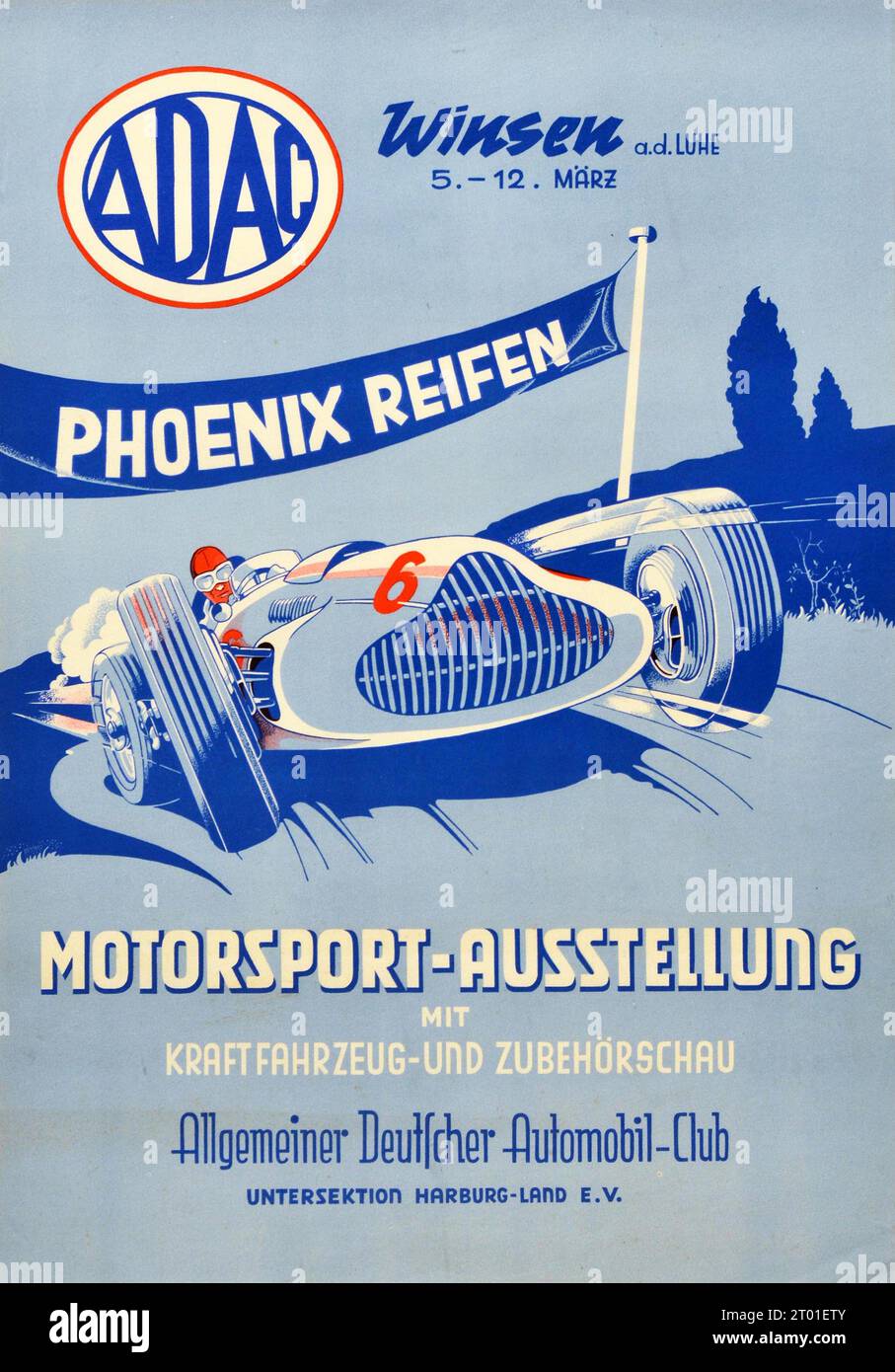 Oldtimer-Poster Motorsport Car Exhibition ADAC Phoenix Reifen Reifen Reifenwerbung. Illustration eines Rennwagens - 1950er Jahre Stockfoto