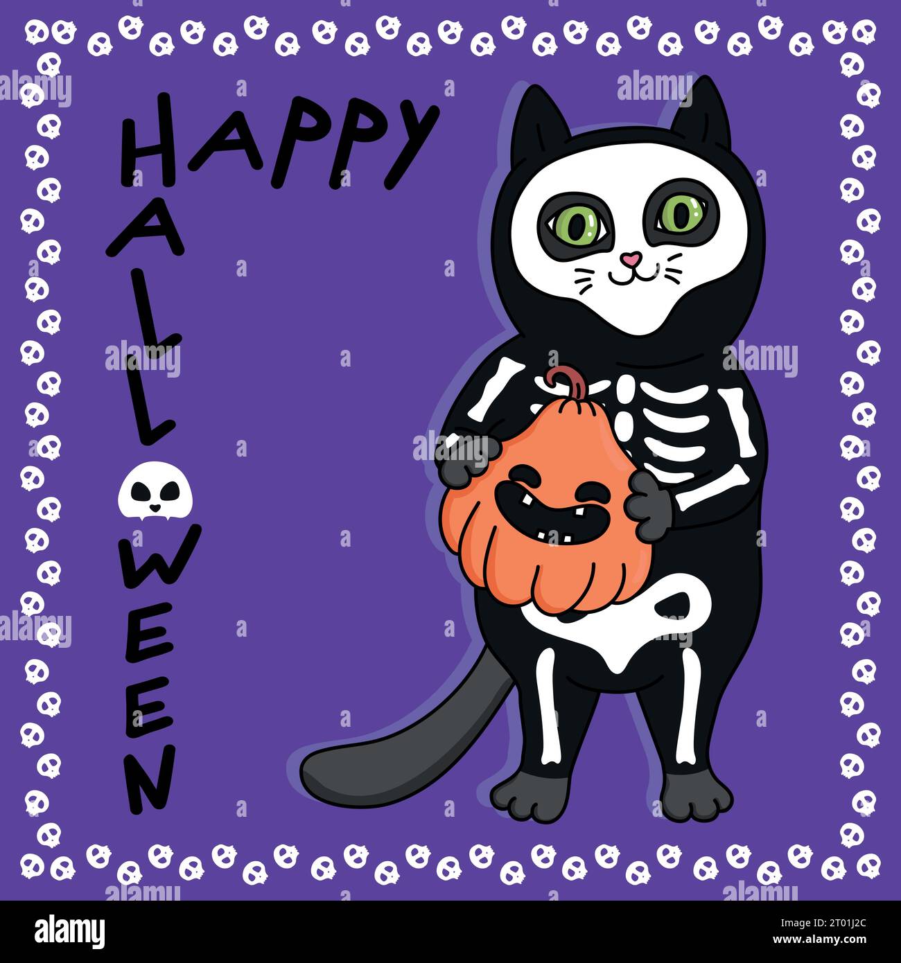 Halloween-Grußkarte mit einer niedlichen handgezeichneten Katze im Skelett-Kostüm, die einen lächelnden Kürbis hält. Handschrift. Vektorabbildung Stock Vektor