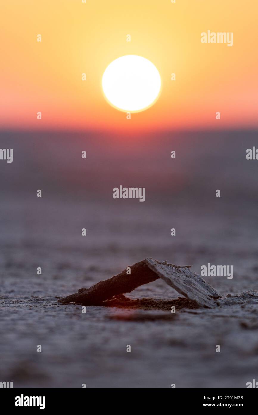 Ein Blick auf den Sonnenaufgang auf die Makgadikgadi-Pfanne von der Insel Kubu in Botswana Stockfoto