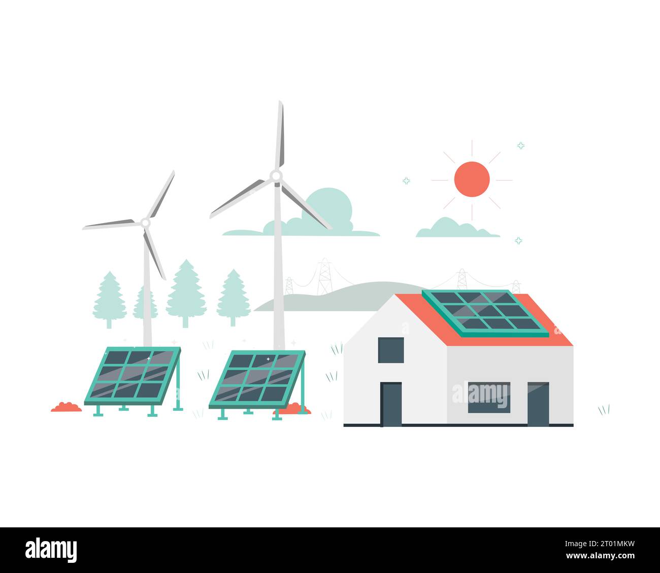 Erneuerbare Energie aus Solarpaneelen und Windturbinen. Flache Vektorillustration für Nachhaltigkeit und umweltfreundliche Praktiken Stock Vektor