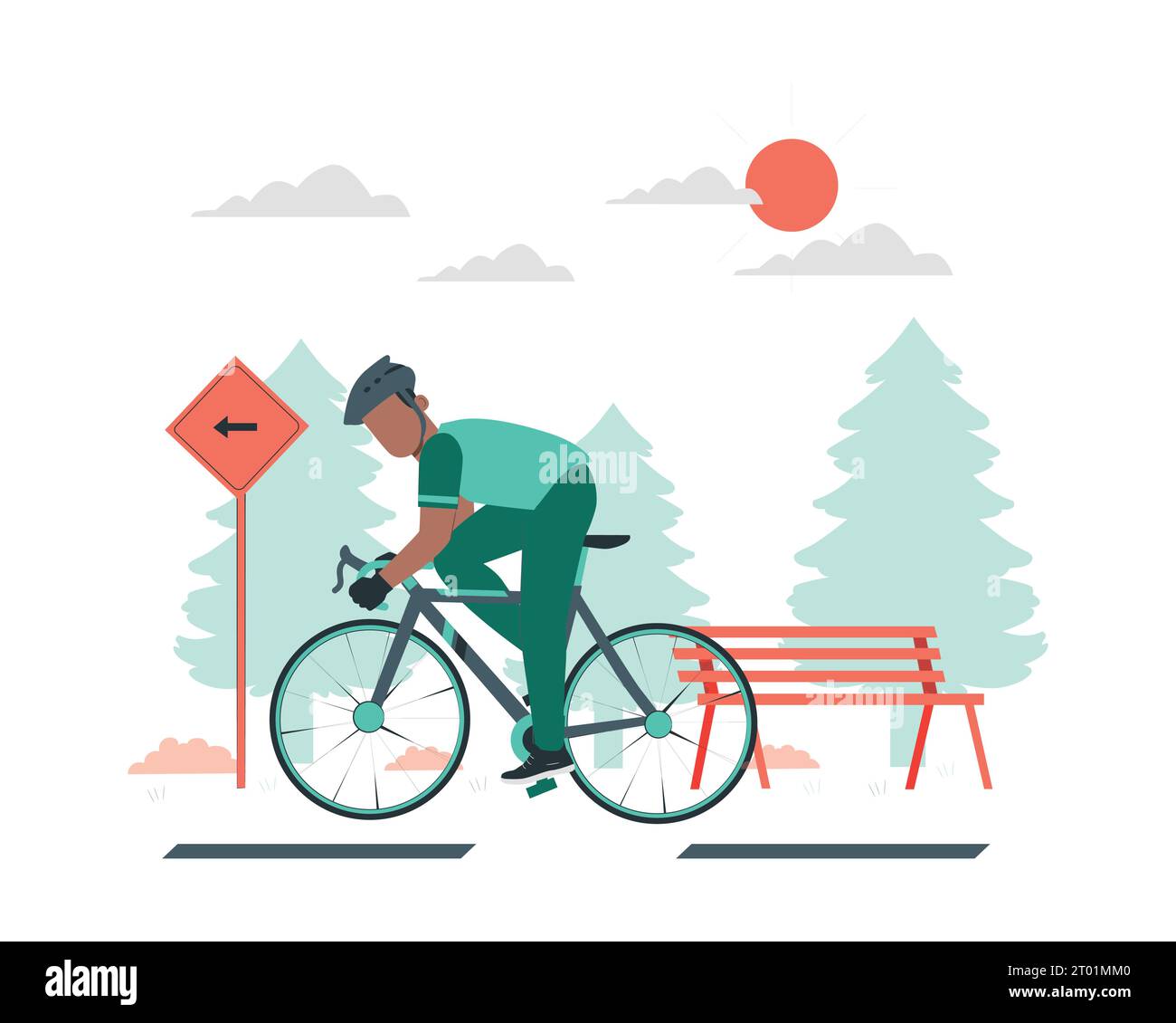 Mann, der im Park Fahrrad fährt. Flache Vektorillustration für nachhaltiges Leben. Stock Vektor