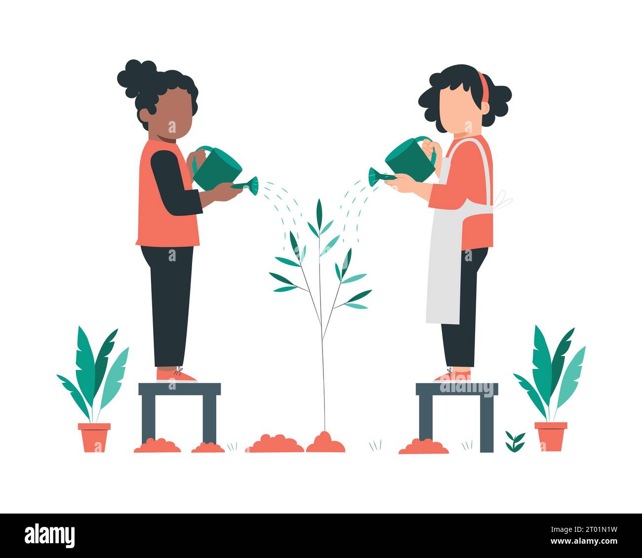 Zwei Frauen, die Pflanzen gießen. Flache Vektorillustration isoliert auf weißem Hintergrund für Konzeptdesign der Nachhaltigkeitspraxis. Stock Vektor