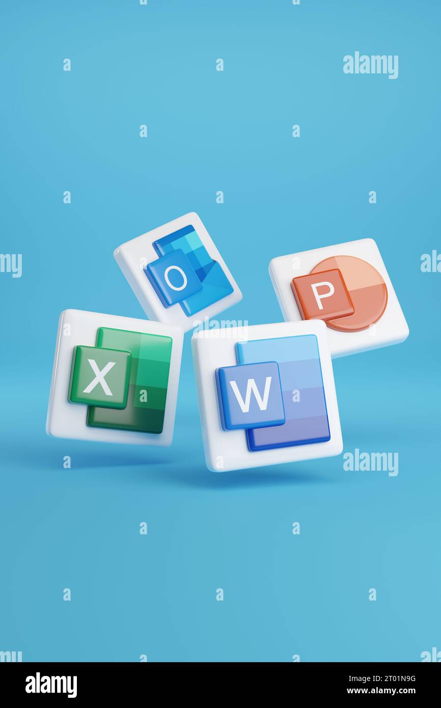 Buenos Aires, Argentinien; 16. September 2023: Dreidimensionale Symbole der Programme im Microsoft Office-Paket. 3D-Abbildung. Stockfoto