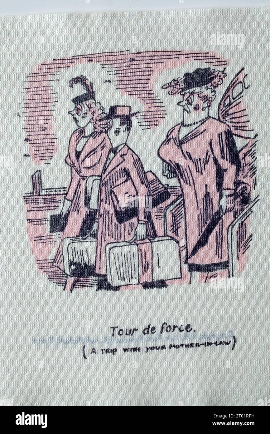 1950er Jahre Cartoon Serviette - französischsprachiger Witz - Tour de Force Stockfoto