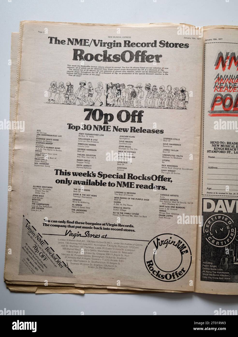 Werbung für Virgin Records Sale in der 1970er-Ausgabe von NME New Musical Express Music Paper Stockfoto