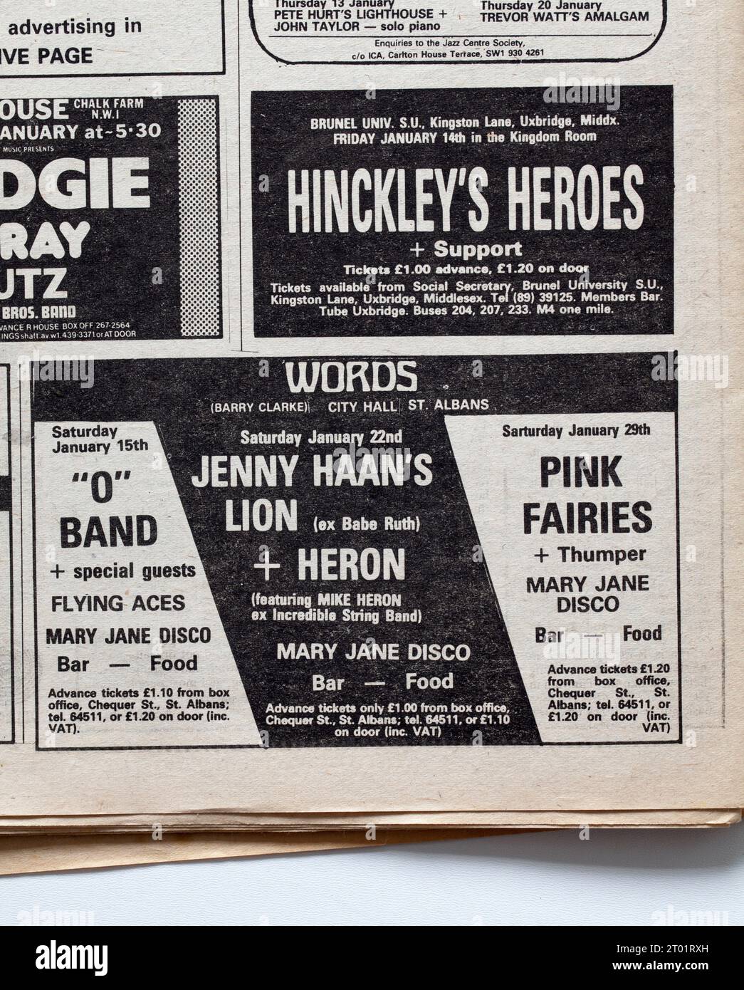 Werbung für Konzerte in der 1970er-Ausgabe des NME New Musical Express Music Paper Stockfoto