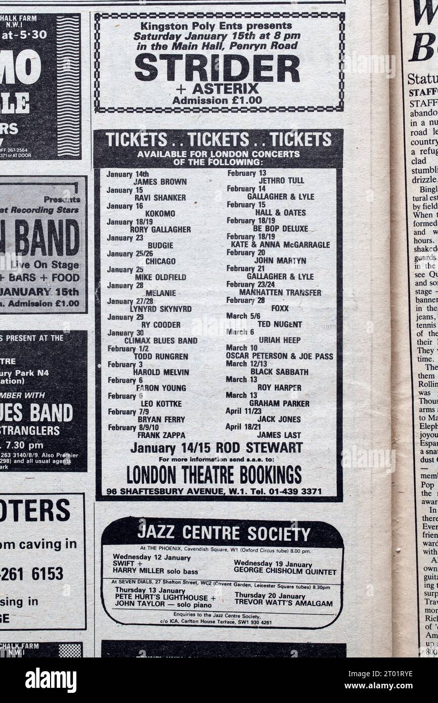 Werbung für Konzerte in der 1970er-Ausgabe des NME New Musical Express Music Paper Stockfoto