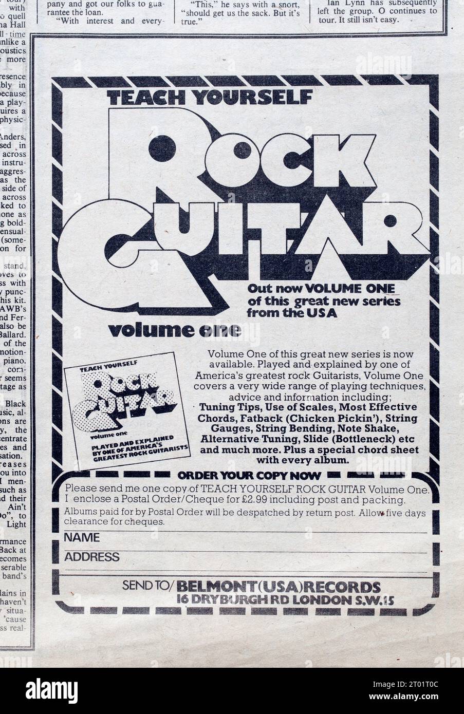 Werbespot für Teach Yourself Rock Guitar in der 1970er-Ausgabe des NME New Musical Express Music Paper Stockfoto