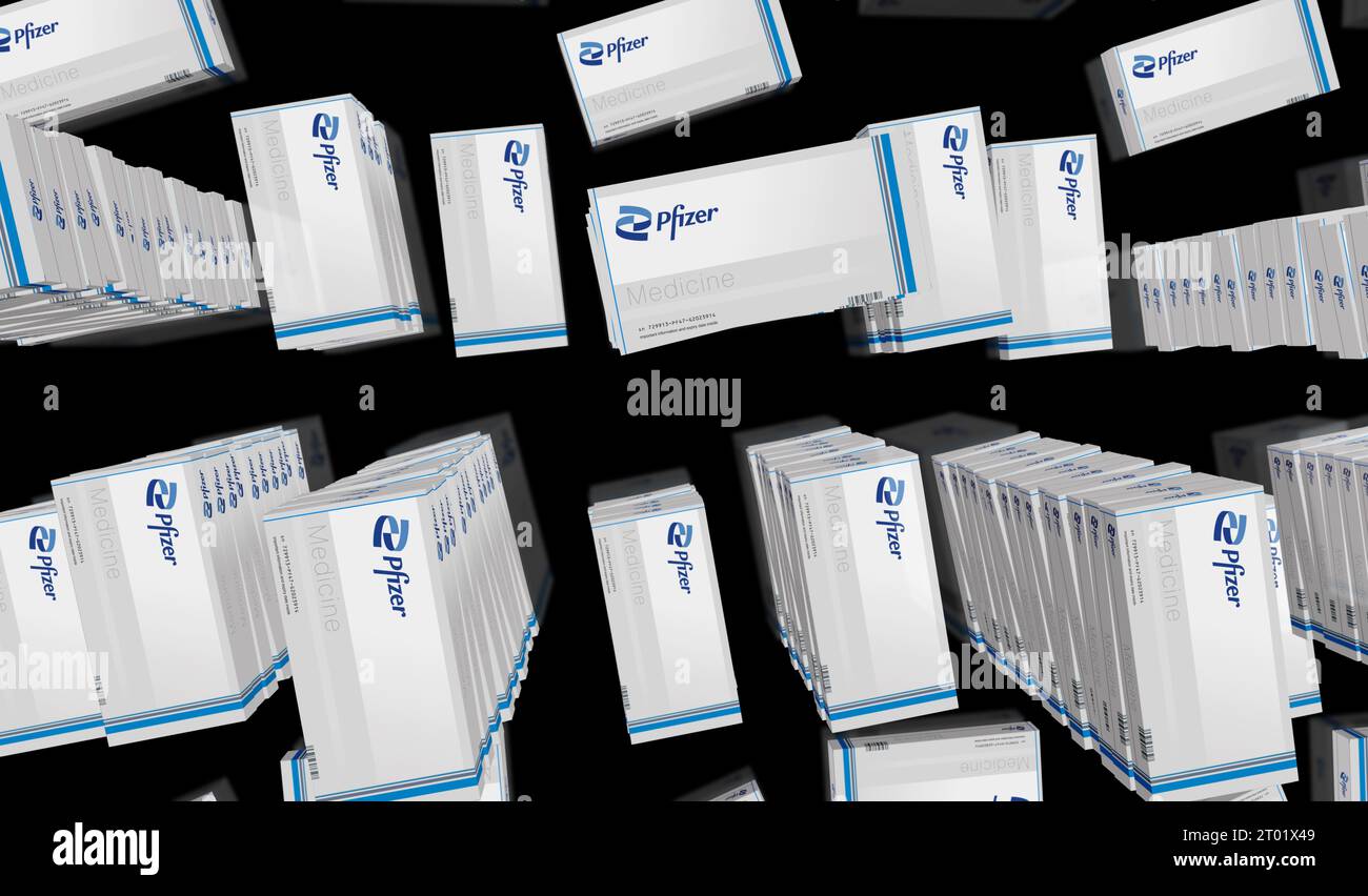Poznan, Polen, 2. Oktober 2023: Pfizer Tablets Box Produktionslinie. Pharmazeutisches Unternehmen. Pills Pack Factory. Abstraktes Konzept 3D-Darstellungsillustr Stockfoto
