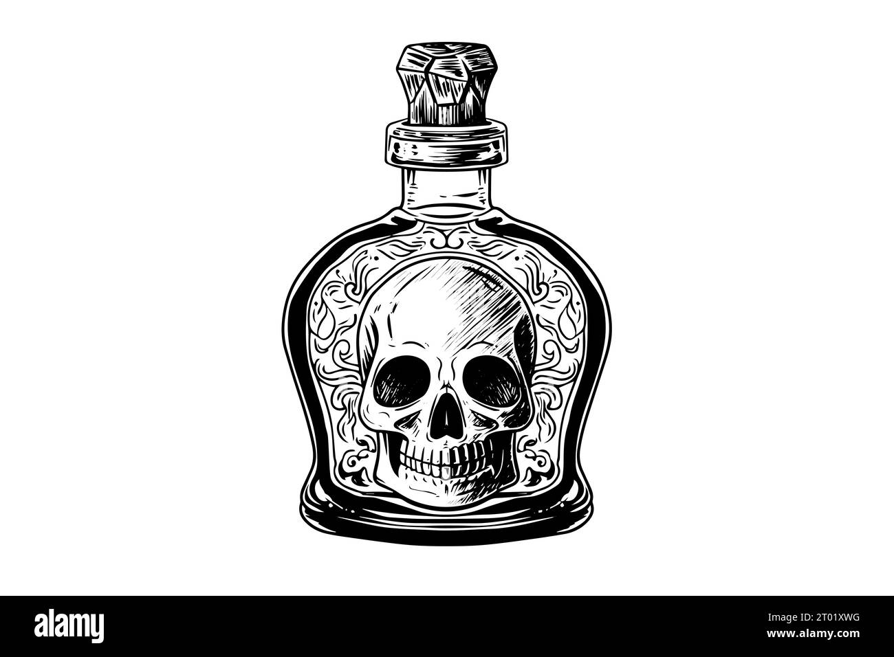 Halloween-Flasche mit Schädel in handgezeichneter Tuschenskizze. Vektorillustration mit Gravur. Stock Vektor