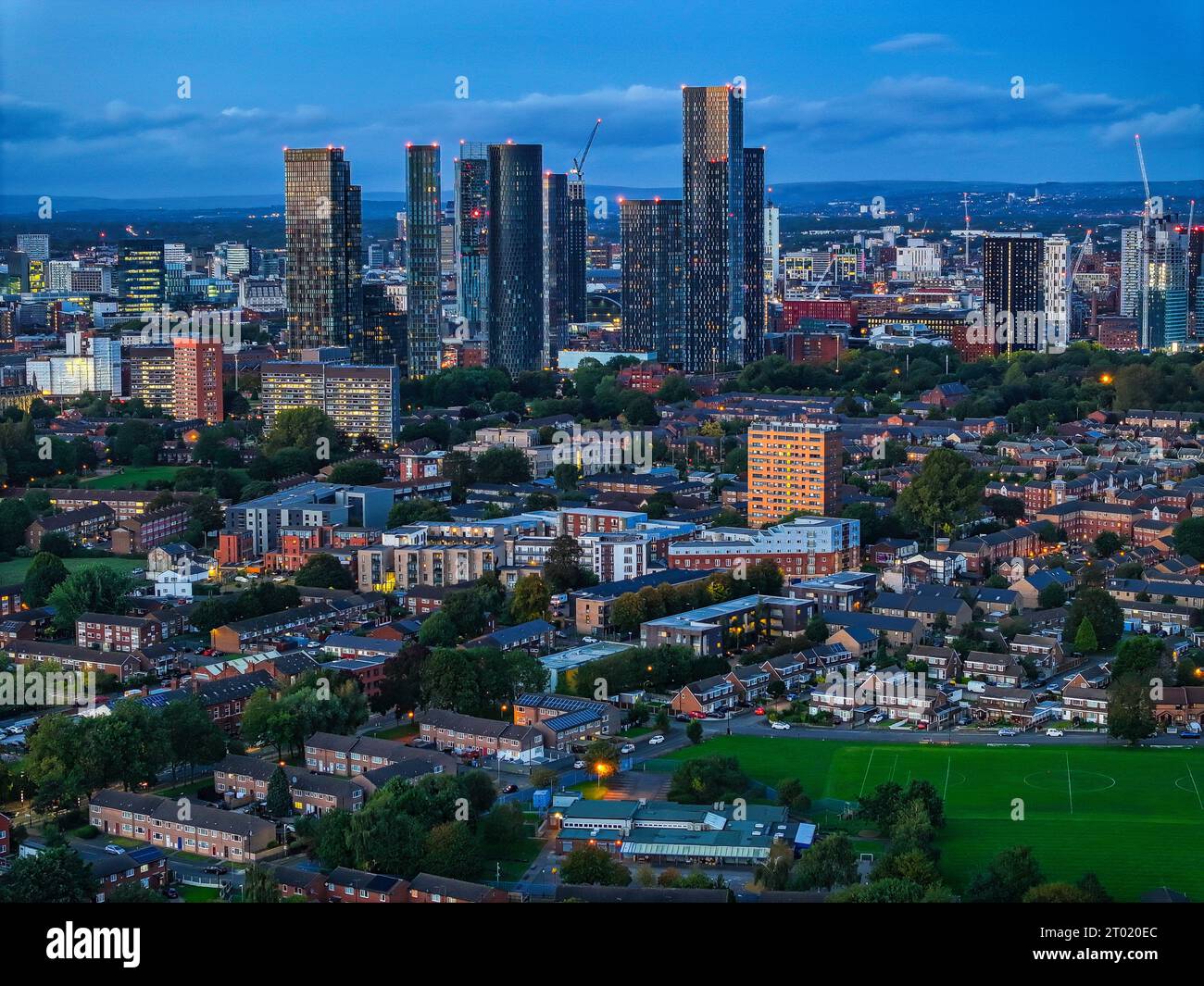 Manchester Skyline am Abend Stockfoto