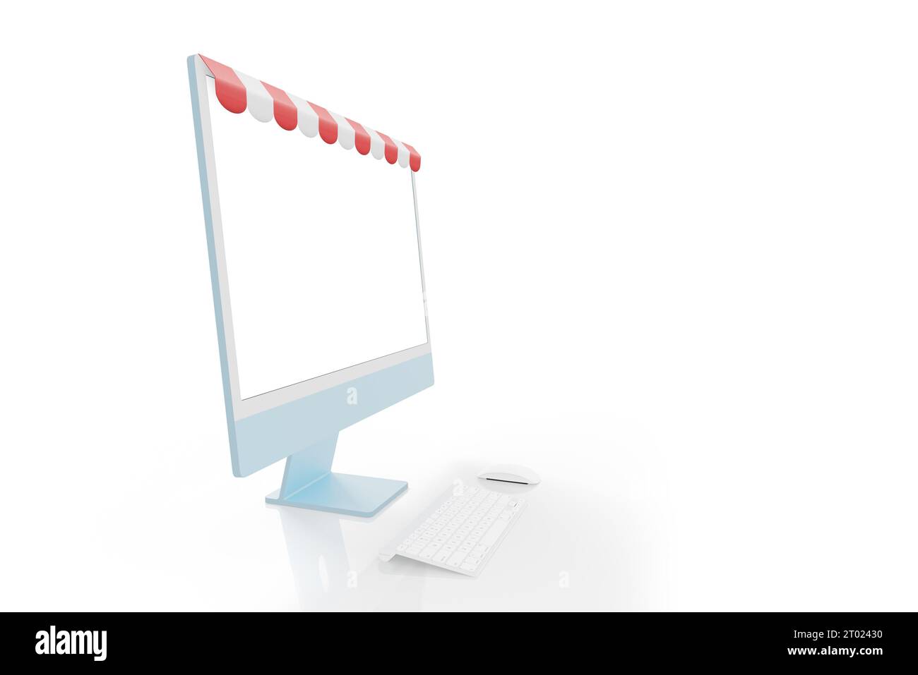 Computerdisplay mit rot-weißem Markisenkonzept. Isolierter Bildschirm für Modell, App, Webseite oder Produktpräsentation Stockfoto