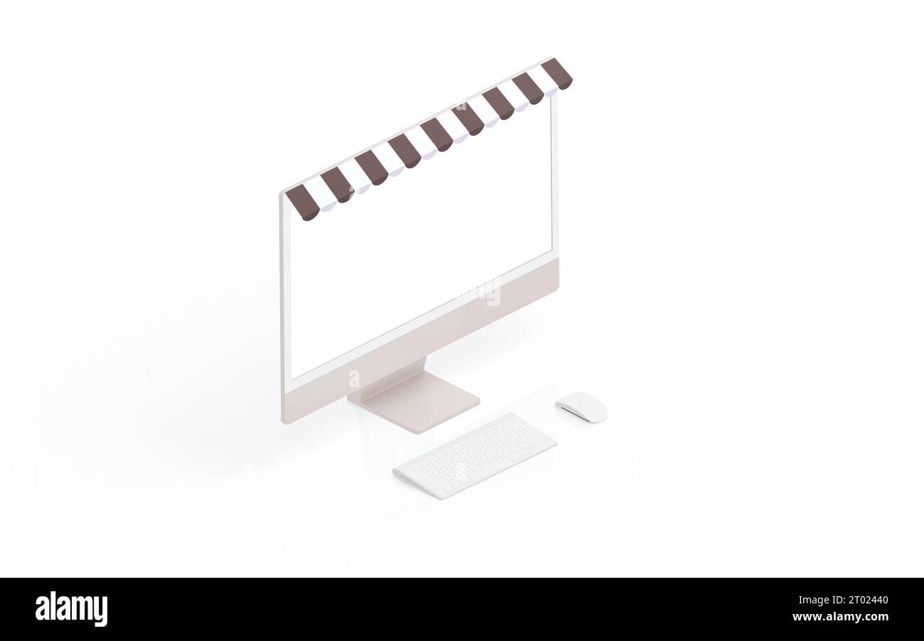 Computerdisplay mit Markise-on-Top-Konzept. Präsentationsmockup im Online-Shop mit isoliertem Bildschirm und Hintergrund Stockfoto