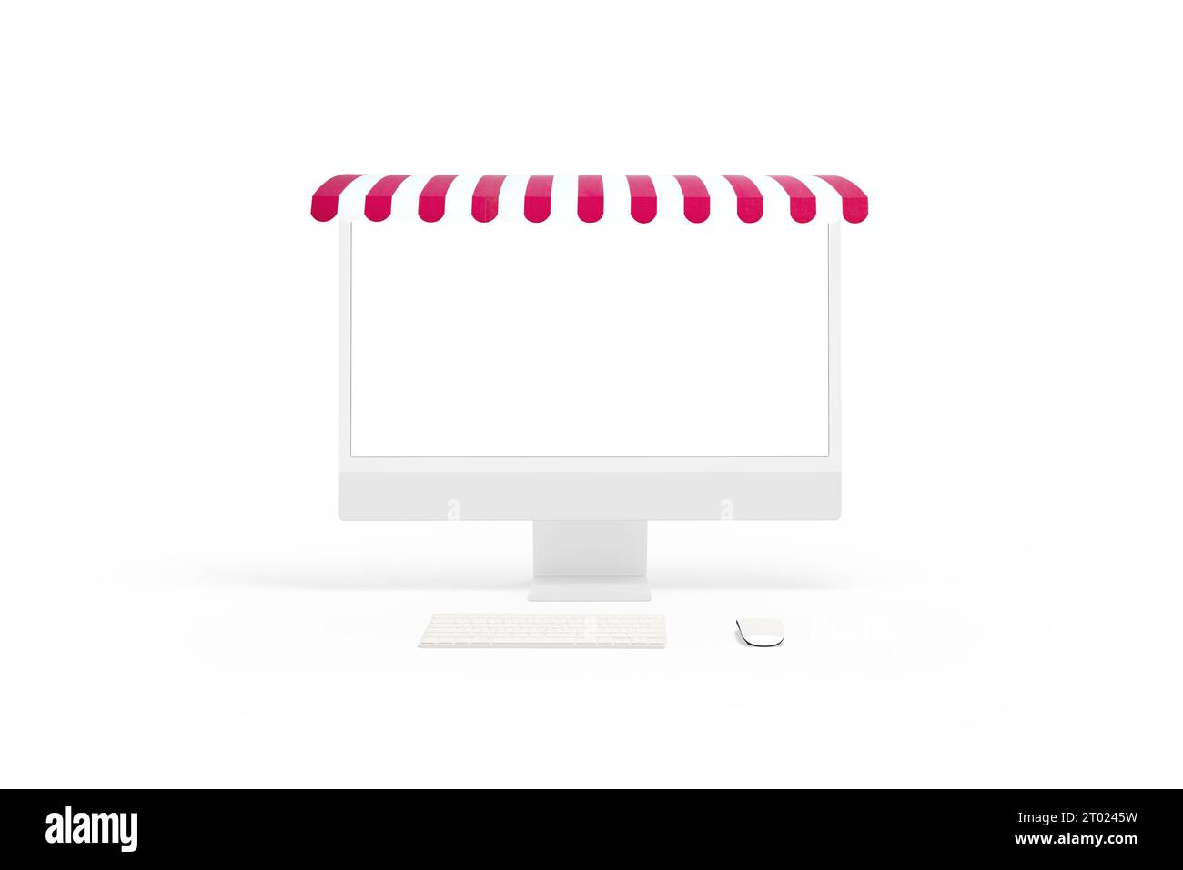 Computer-Display-Modell mit rot-weißem Vorzeigekonzept. Isolierter Bildschirm für Webseite, Präsentation im Online-Shop. Vorderansicht Stockfoto
