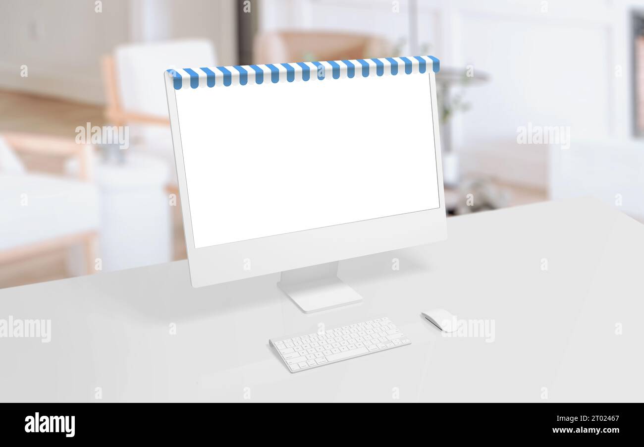 Computerdisplay mit blauweißer Markise auf Top-Konzept. Isolierter Bildschirm in weiß für Produkt-, Webseiten- oder App-Präsentation. Einkaufen von zu Hause aus Co Stockfoto
