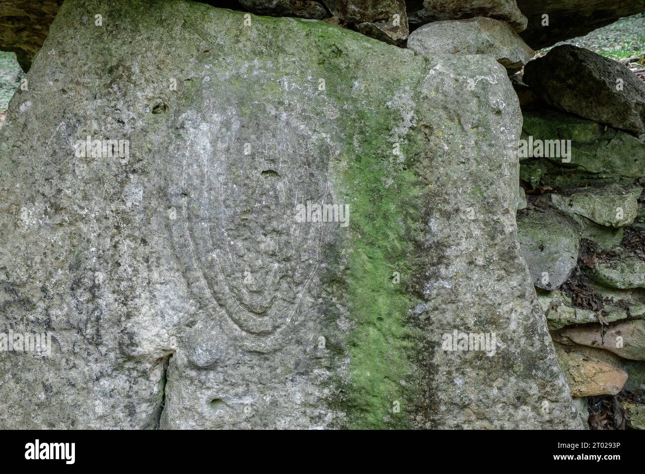 Der Megalith Dampsmesnil ist ein überdachter Vorraum aus der neolithischen Zeit - es ist berühmt aus Grund die Göttin Skulptur - Göttin der Toten | Le Stockfoto