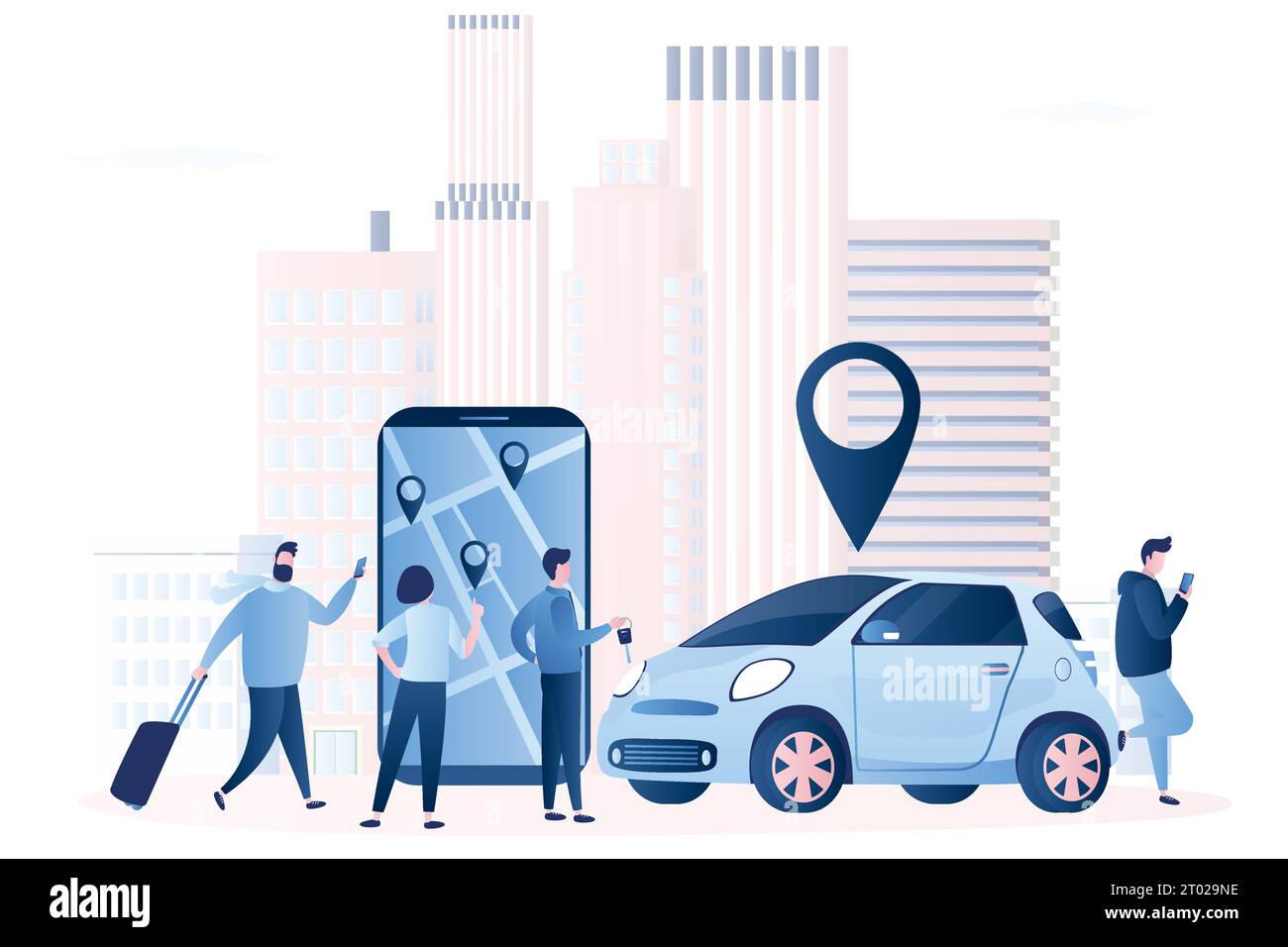 Hintergrund des Carsharing-Dienstes. Fahrzeug für kurze Zeit. Modernes Auto und Smartphone mit App. Gruppe von Personen, die sich automatisch teilen. Stadtansicht im Hintergrund. Stock Vektor