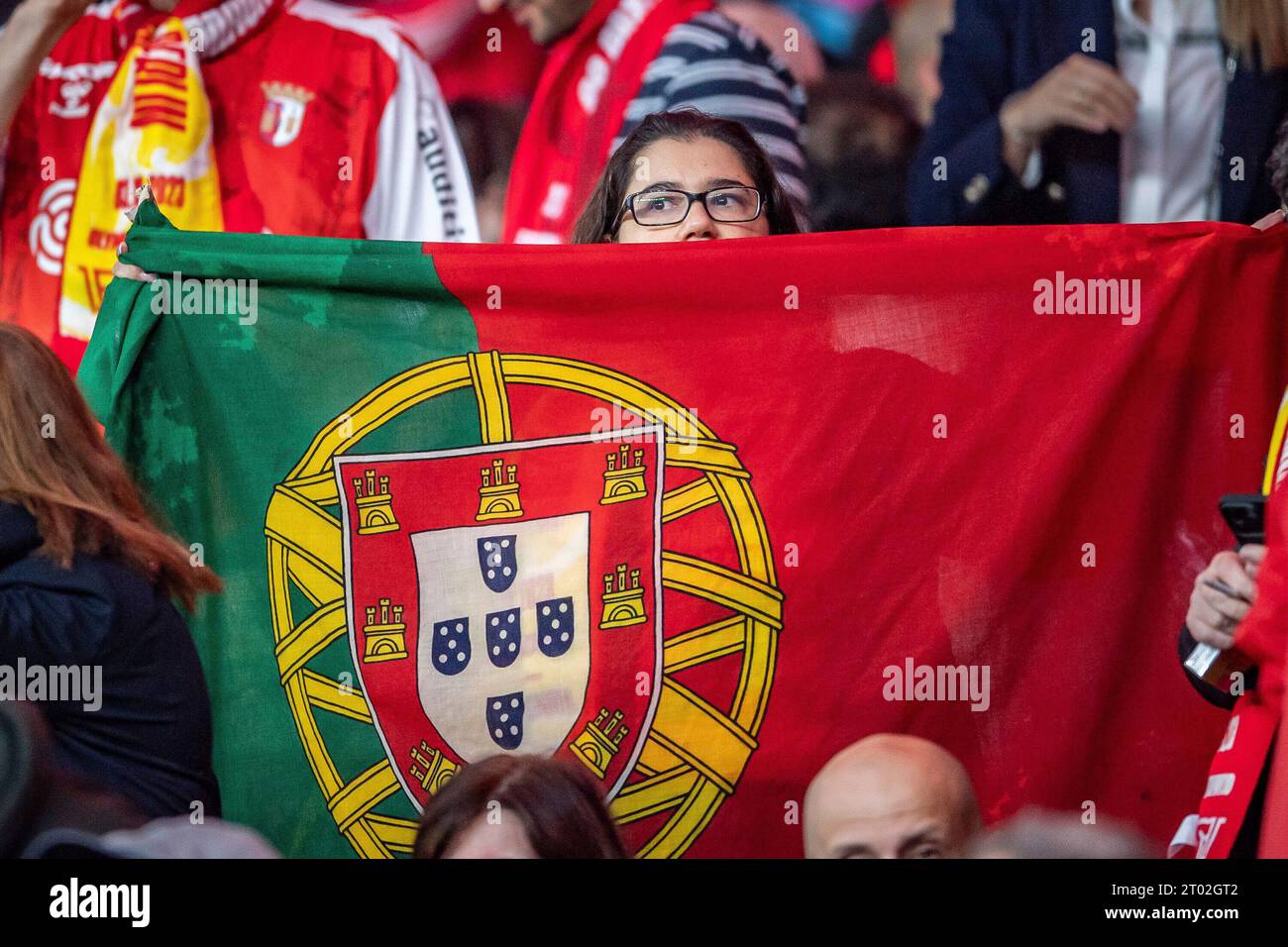 Portugiesische Sporting Braga Fans im Stadion UEFA Champions Leaguel: 1. FC Union Berlin gegen Sporting Braga, Olympiastadion, Berlin, 03.10.2023 Stockfoto