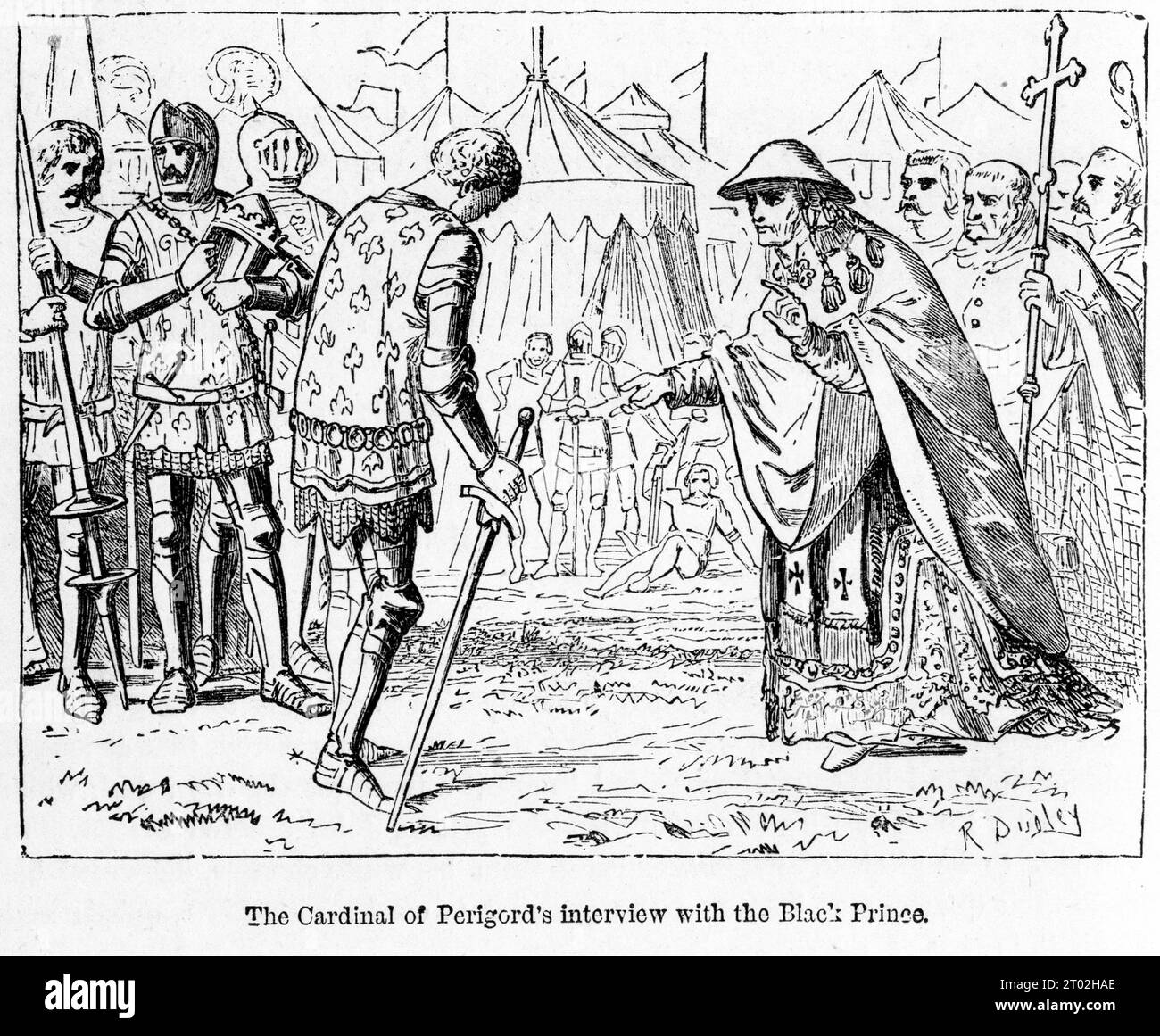 Gravur einer Szene aus dem Leben des Schwarzen Prinzen Edward of Woodstock, der als Modell der Ritterlichkeit und einer der größten Ritter seiner Zeit gilt. Stockfoto