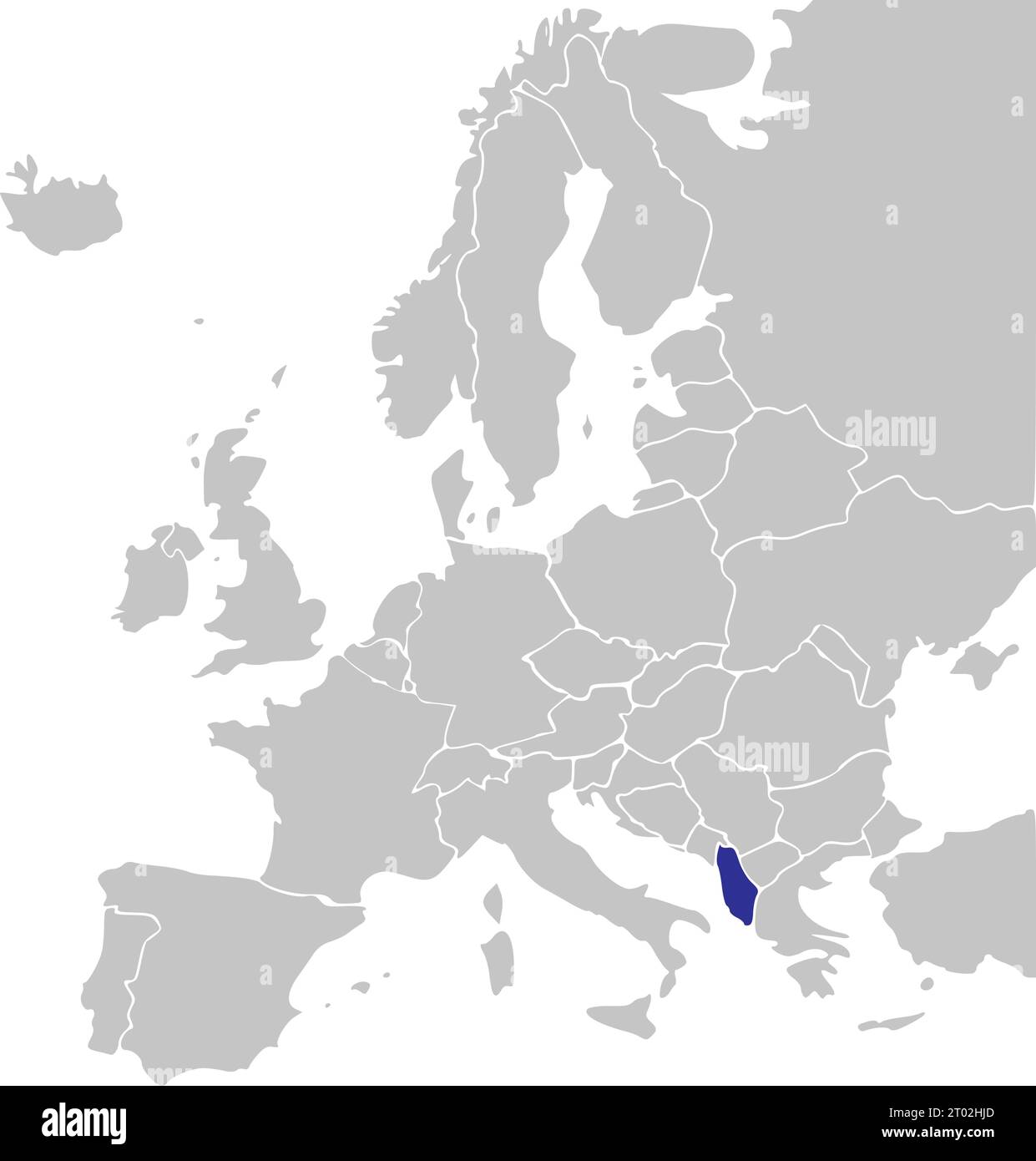 Blaue CMYK-Nationalkarte ALBANIENS innerhalb einer vereinfachten grauen leeren politischen Karte des europäischen Kontinents auf transparentem Hintergrund mit Mercator-Projektion Stock Vektor