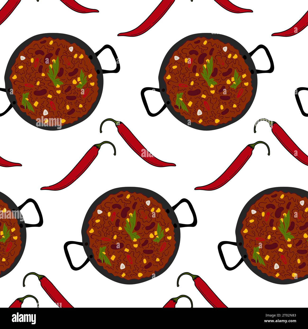 Endloses Muster von Chili con carne und rot-heißer Chili-Pfeffer. Traditionelles mexikanisches, scharfes Essen. Isolieren. Vektor. EPS. Design für Verpackung, Poster, Banner, Grußkarten, Karten, Preis, Etikett, Hintergrundbild oder Web Stock Vektor