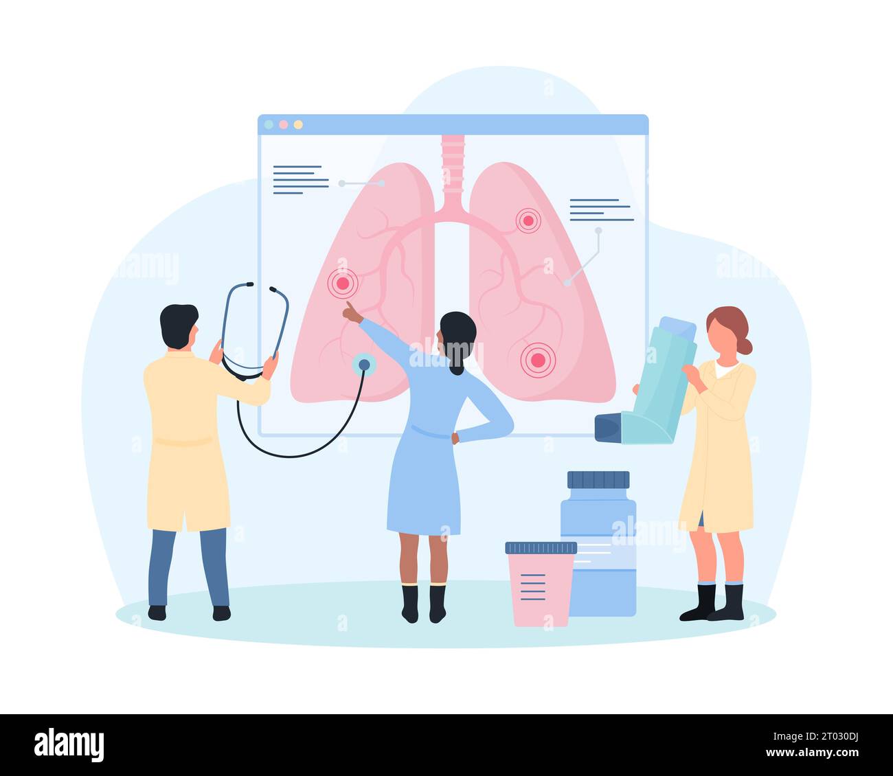 Untersuchung von Lungenerkrankungen, pulmonologische Vektorillustration. Cartoon winzige Ärzte oder Studenten mit Stethoskop, die detaillierte Infografik-Anatomiediagramm mit menschlichen Organen analysieren, Menschen erforschen Lungen Stock Vektor