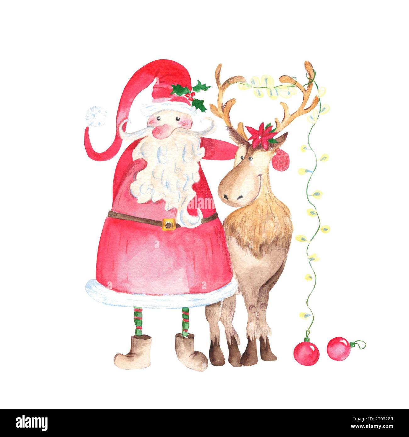 Weihnachtsmann mit einem Rentier mit Silvestergirlande und Bällen. Handgezeichnete Aquarellillustration isoliert auf weißem Hintergrund. Gut zu Weihnachten Stockfoto